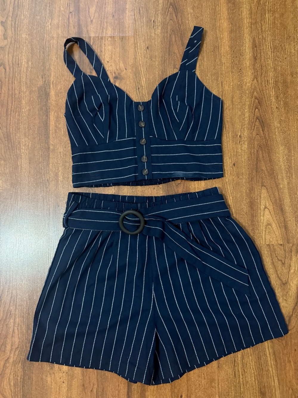 Navy Pinstripe Two-Piece Crop Top & Belted Shorts Set